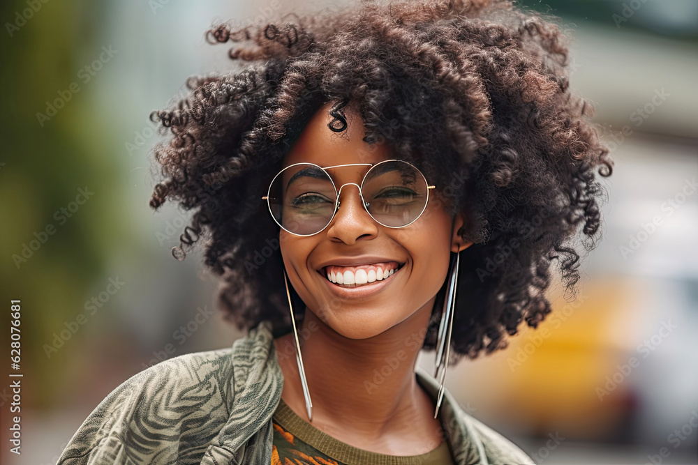 Happy satisfied black people woman wearing glasses portrait outside. Generative Ai Happy satisfied black people woman wearing glasses portrait outside. Generative Ai
