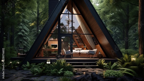 Atmospheric A-frame house in a dark forest. Generative AI