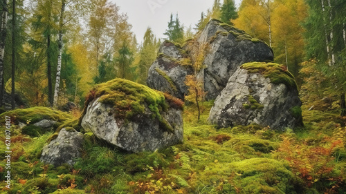 Huge stones covered with moss,Landscape with rocks and Nature background. Generative Ai