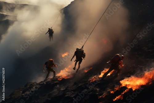Photograph of people practicing adventure sports in volcanic landscapes, Generative AI