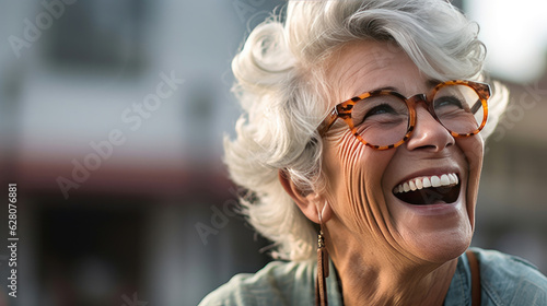 Happy satisfied senior woman wearing glasses portrait outside. Generative Ai © tong2530