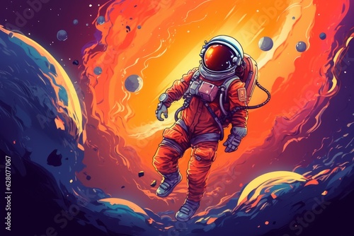 Illustration of a man floating in space wearing an astronaut suit, created using generative AI