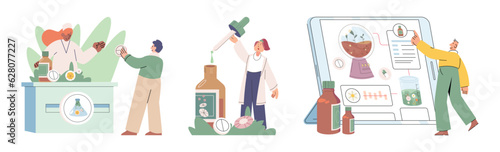 Herbal oils natural medicines. Scientist or doctor making alternative medicine herb, mortar, laboratory glassware plant in tube, flower. Doctor checking medicinal herbs. Herbal medicine. Drug research