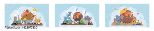 Measuring planet temperature. Climate change set. Global warming, greenhouse, melting ice, earth pollution and disaster. Global warming, climate change, plastic pollution and ecology problems
