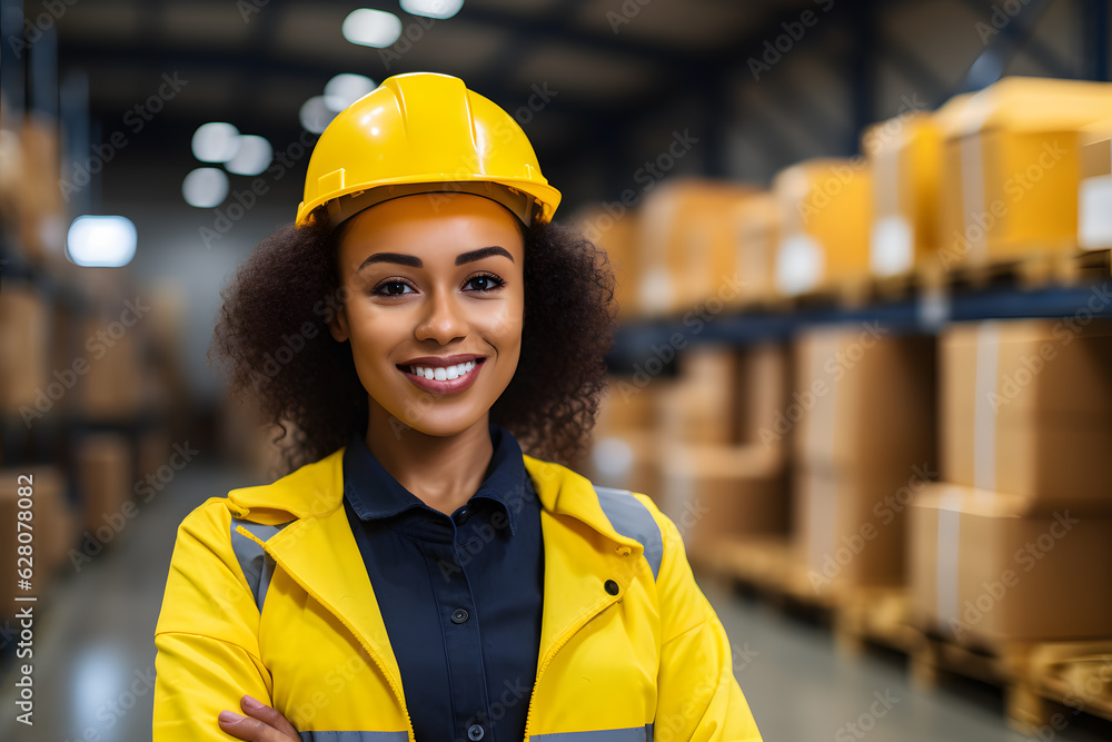 mixed race woman in yellow hardhat working at warehouse ai generated art mixed race woman in yellow hardhat working at warehouse ai generated art