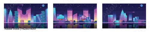 Night city landscape neon pixel background with hight buildings silhouette and stars in dark sky. Pixelated evening cityscape neon for video game design pixel nighttime with modern skyscrapers