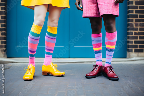 two people in colorful shoes and socks