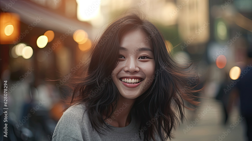 Happy satisfied asian woman portrait outside. Generative Ai Happy satisfied asian woman portrait outside. Generative Ai