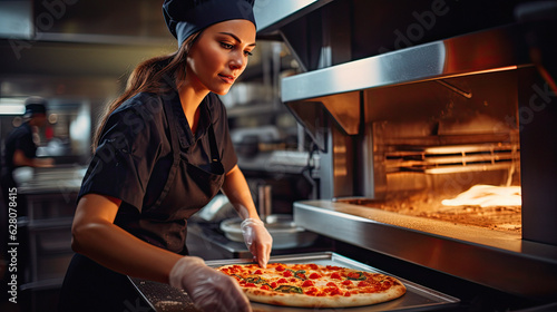 Chef in a Pizzeria Checking Baked Pizza in the Oven. ai generative