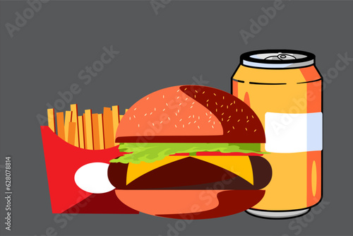 Grupo de comida rápida, hamburguesa refresco y patatas en una composición horizontal.