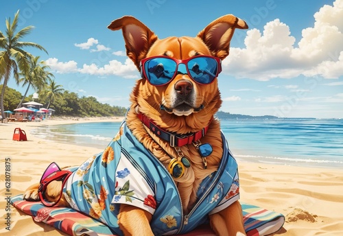 Illustration of dog wearing sunglass on vacation at beach 