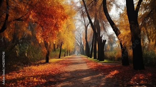 Autumn in the park, Red yellow leave and A path in the park with fallen leaves. Generative Ai