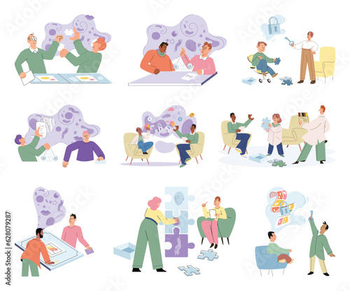 Psychologist and patient with tangled and untangled mind metaphor, doctor solving psychological problems couch consultation, mental health. Online ai therapy. Mental therapy sessions game. Life puzzle