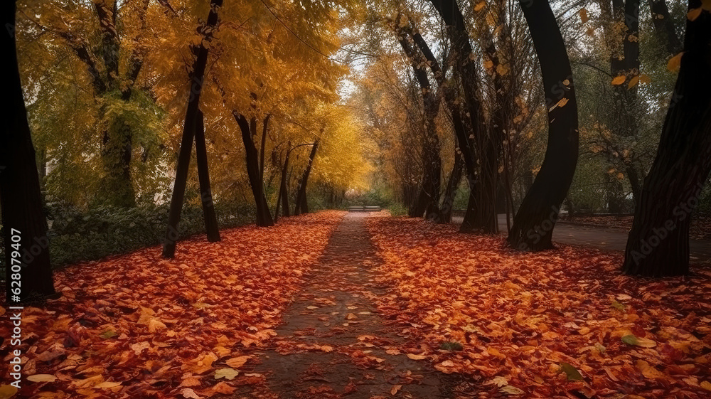 Orange autumn tree alley in the park. golden autumn colors. beautiful nature. Generative Ai