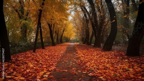 Orange autumn tree alley in the park. golden autumn colors. beautiful nature. Generative Ai © RUMA