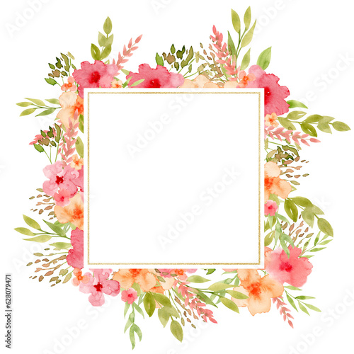 Floral Frame with pink abstract Flowers. Hand drawn illustration of square Template on white isolated background. Backdrop for greeting card or wedding invitations. Border with golden texture.