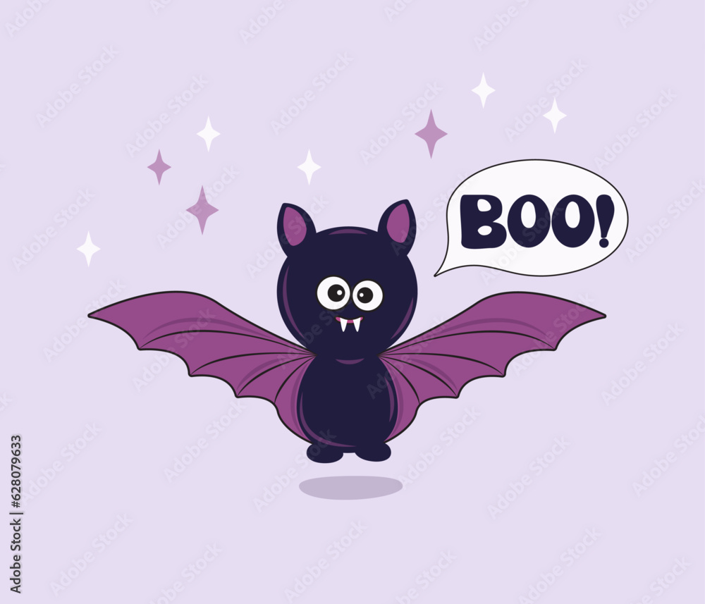 Halloween greeting card, invitation, banner, illustration with cute bat character in cartoon style