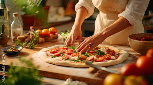 Women s Hands Crafting a Freshly Cooked Traditional Pizza in a Cozy Home Kitchen. ai generative