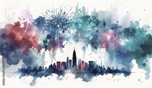 fireworks over the city, watercolor style Generative AI