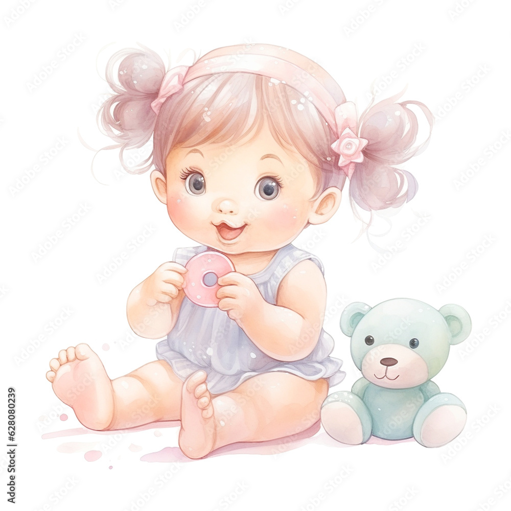 Baby girl teething toys in soft pastel colors, transparent background, watercolor style, baby shower. Generative AI Baby girl teething toys in soft pastel colors, transparent background, watercolor style, baby shower. Generative AI