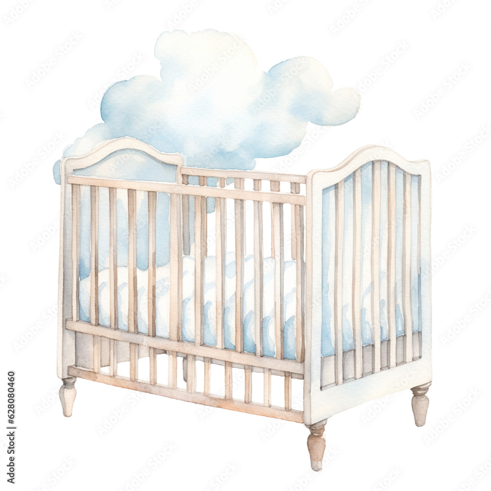 Watercolor painting of a baby crib with fluffy clouds above, transparent background, watercolor style, baby shower Generative AI Watercolor painting of a baby crib with fluffy clouds above, transparent background, watercolor style, baby shower Generative AI