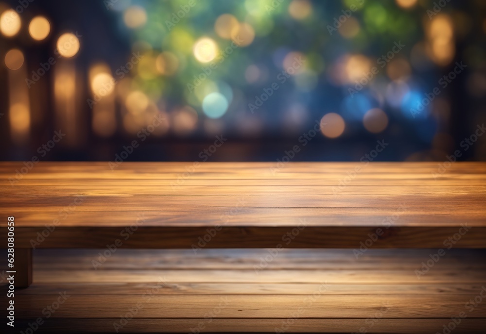 Empty wooden table with blurred studio background