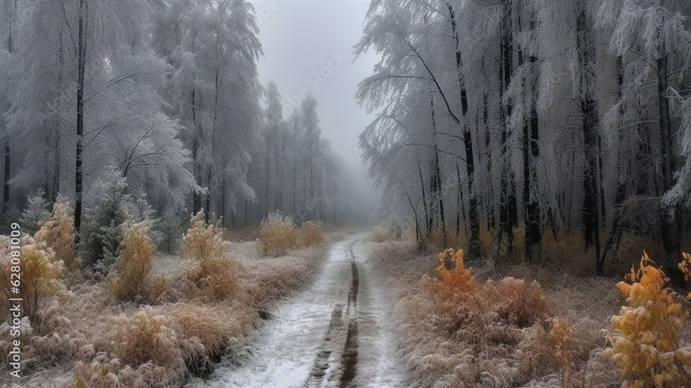 The road in the snowy forest. Outskirts of the Siberian city. Generative Ai