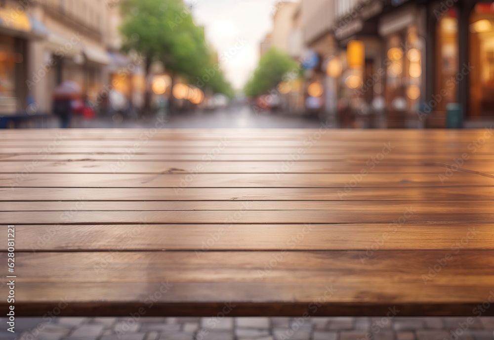 Empty wooden table with blurred street background