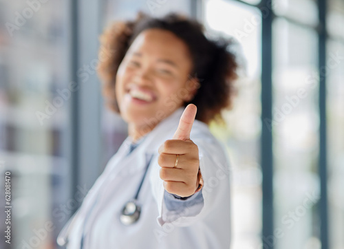 Thumbs up, hands of woman and doctor with success, support and trust in medical clinic. Closeup, healthcare worker and thumb sign to celebrate agreement, yes emoji and thank you of review in hospital