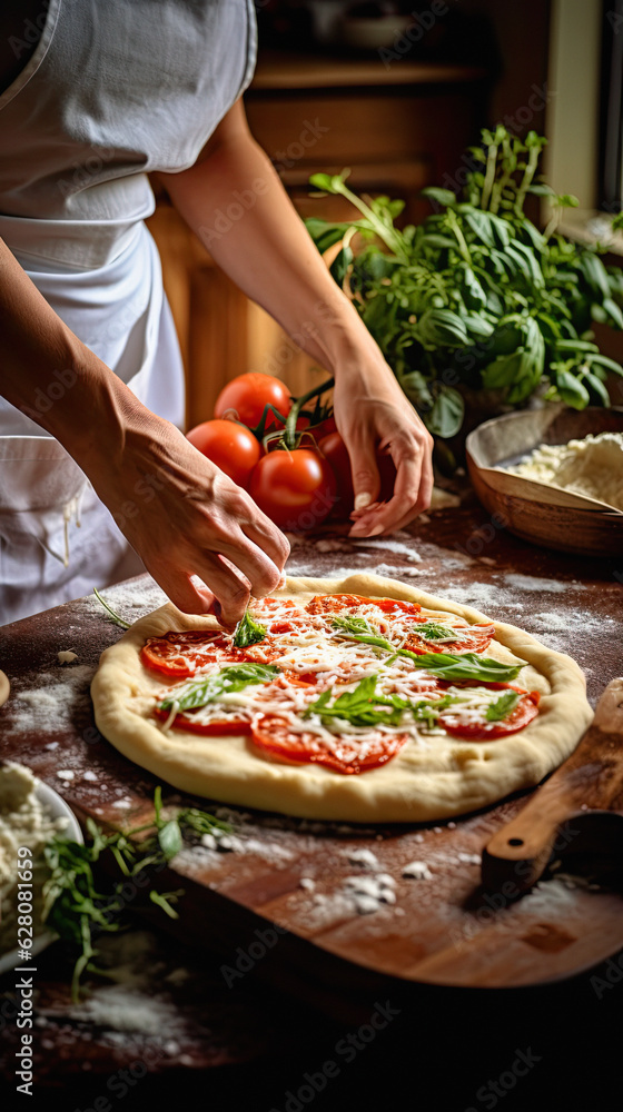 Women's Hands Crafting a Freshly Cooked Traditional Pizza in a Cozy Home Kitchen. ai generative