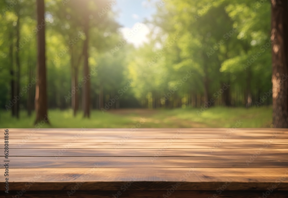 Empty wooden table with blurred forest background Empty wooden table with blurred forest background