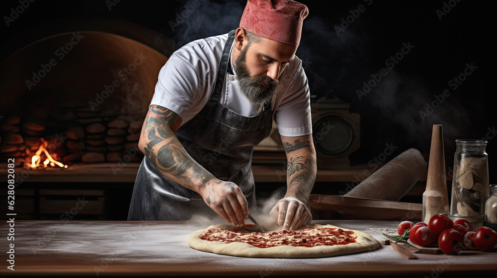 men's Hands Crafting a Freshly Cooked Traditional Pizza in a Cozy Home Kitchen. ai generative