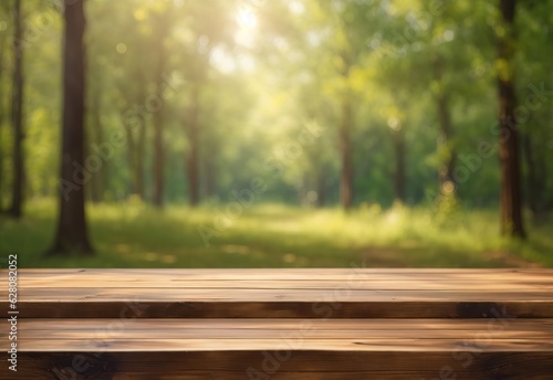 Empty wooden table with blurred forest background