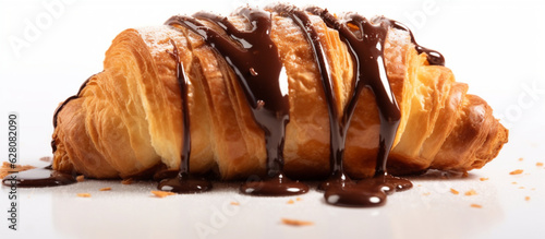 Delicious Breakfast - Chocolate Croissant with Realistic Details. Generative AI,..Culinary photography that captures the detail and realistic texture of croissants, with runny melted chocolate.