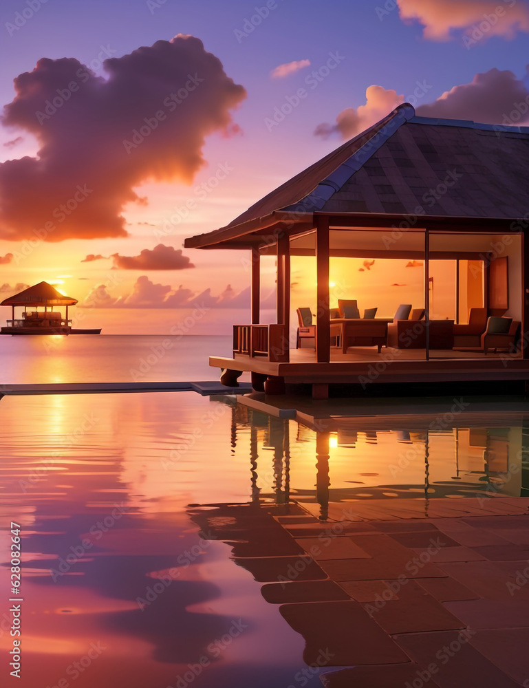 A tranquil bungalow illuminated by a vibrant Caribbean sunset, its silhouette creating a mesmerizing reflection. Generative AI A tranquil bungalow illuminated by a vibrant Caribbean sunset, its silhouette creating a mesmerizing reflection. Generative AI