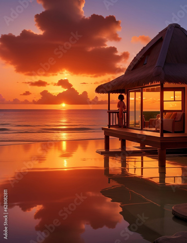 A tranquil bungalow illuminated by a vibrant Caribbean sunset, its silhouette creating a mesmerizing reflection. Generative AI © Tamim_Ahmed_CD