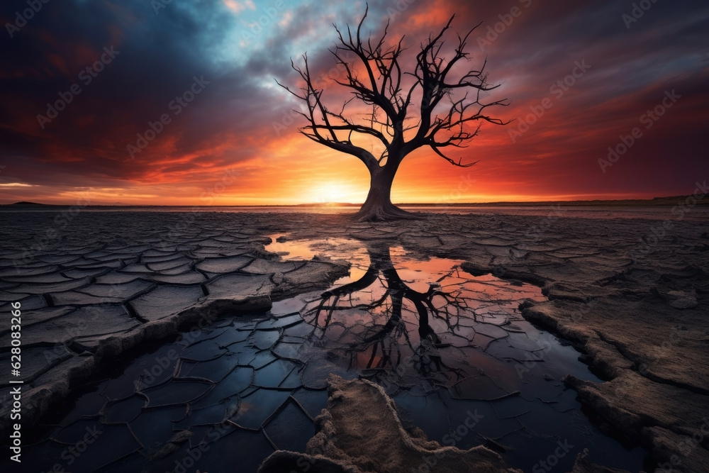 sunset in the desert. dry lake. global warming. cracked dry water bead