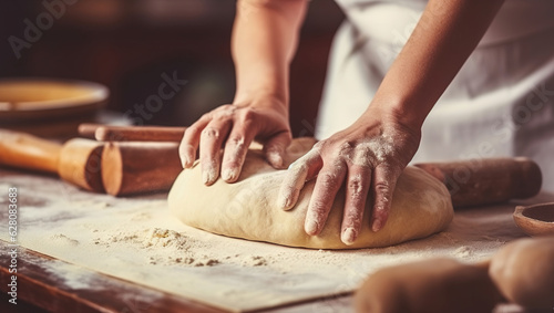 Female baker kneading dough and making bread with a rolling pin. Retro look. Generative AI