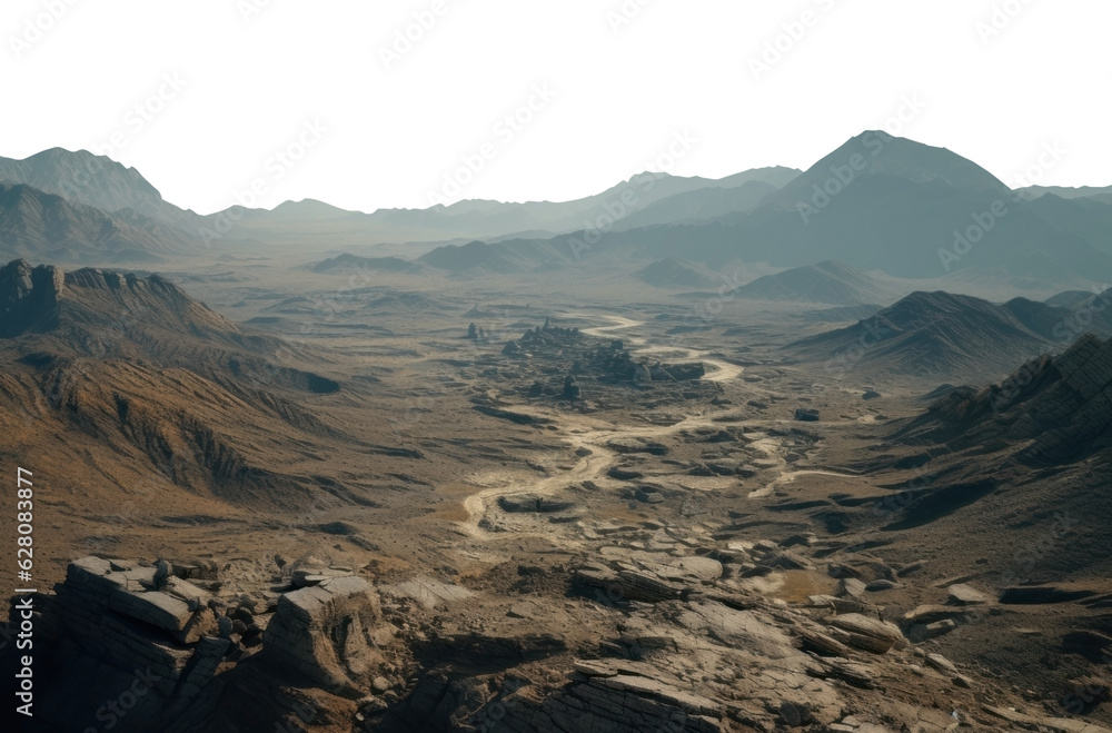 rocky valley desert. transparent PNG. Desert landscape. rocky alien planet. Mars surface.