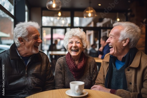 A lively group of elderly friends sharing laughter over coffee, reflecting the importance of friendship and social connections in maintaining joy in old age