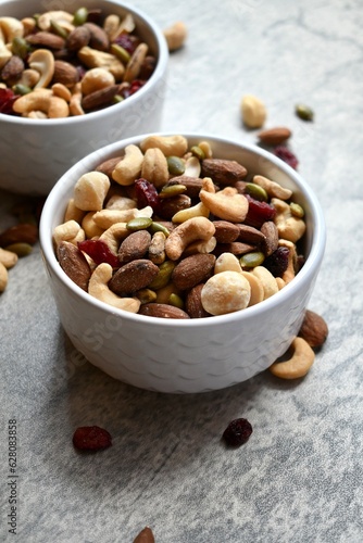 Trail mix in a white bowl