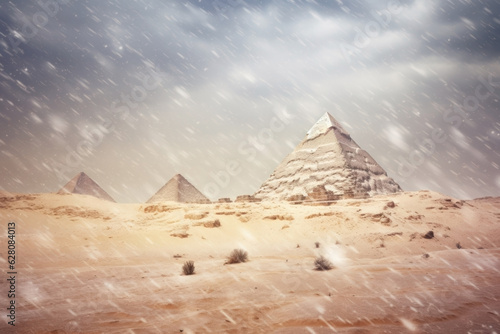 snowstorm in the desert. pyramids of giza. stormy weather.