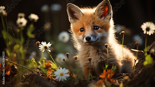cute young fox roams through the greenery of nature, generative AI