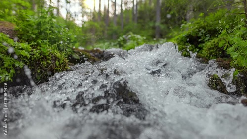 Crystal clear water in small mountain river in the forest. Fast stream in green forest with small waterfalls. Slow motion, steadicam shot photo