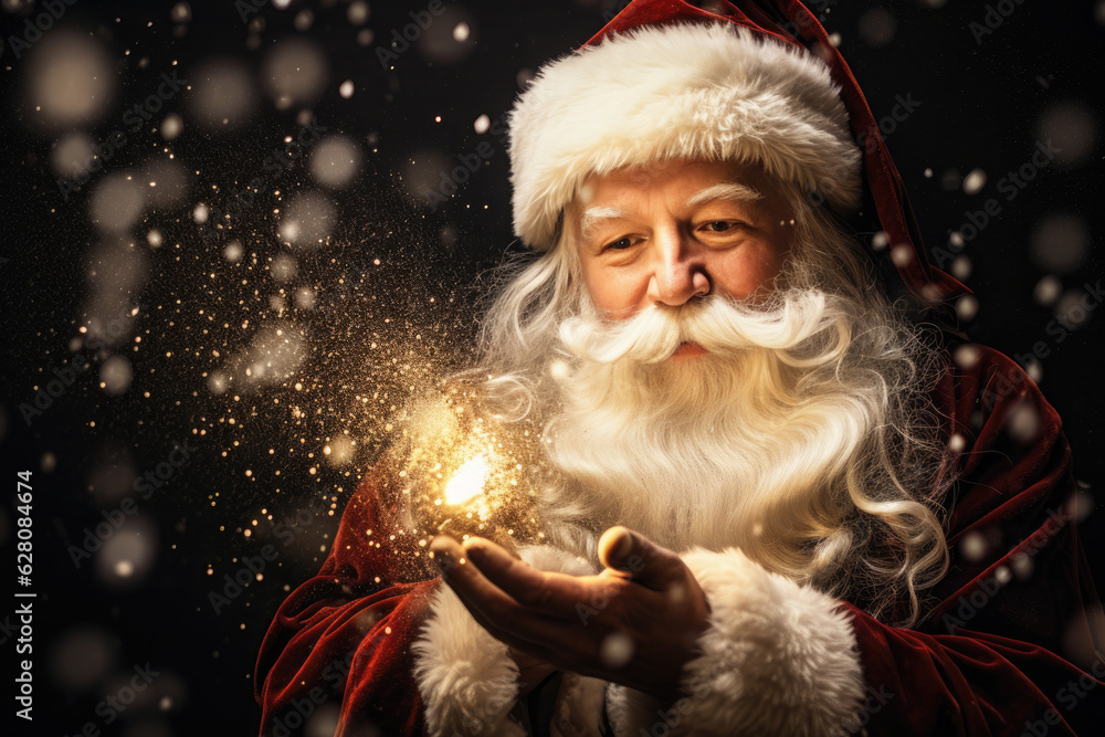 Santa Claus showing a bright and magical light with his hands on dark background Santa Claus showing a bright and magical light with his hands on dark background