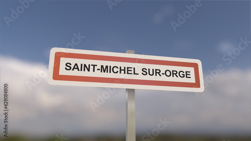 A sign at Saint-Michel-sur-Orge town entrance, sign of the city of Saint Michel sur Orge. Entrance to the municipality. © maurice norbert