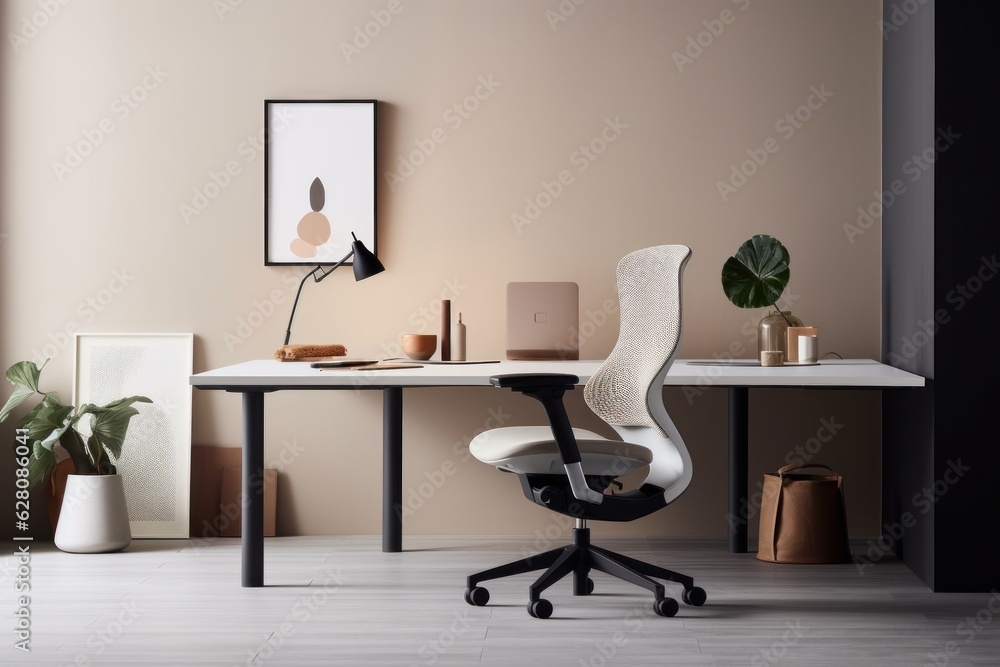 Illustration of an office space with a desk, chair, and potted plant, created using generative AI Illustration of an office space with a desk, chair, and potted plant, created using generative AI