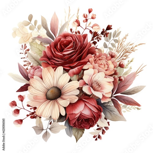 pink and red watercolor flowers bouquet, AI Generated photo