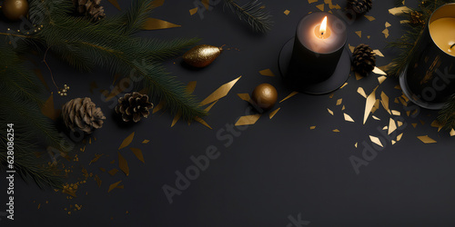  Christmas candle mockup with pine or fir branches cones,golden Xmas decoration, confetti, lights.First Advent.New Years template.Top view. flat lay. Holidays background with copy space.Generative ai