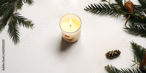  Christmas candle mockup with pine or fir branches,golden Xmas decoration, confetti, lights on white.First Advent.New Years template.Top view.flat lay.Holidays background with copy space.Generative ai © Inai